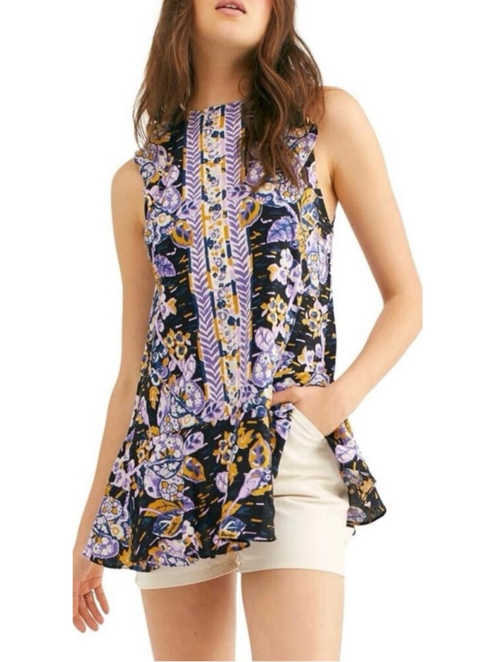 NWT FREE PEOPLE Summer in Tulum Floral Print Linen Blend Tunic Sz. Small‎